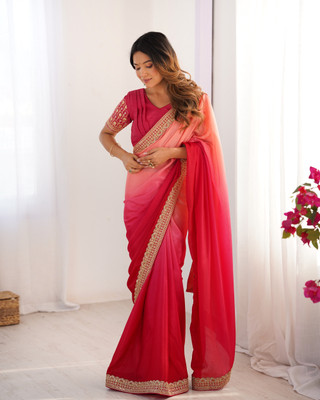 Sajavat Solid/Plain, Embroidered, Embellished Bollywood Silk Blend Saree(Pink)