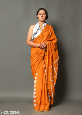 DASTKARPRINT Printed Daily Wear Pure Cotton Saree(Orange)