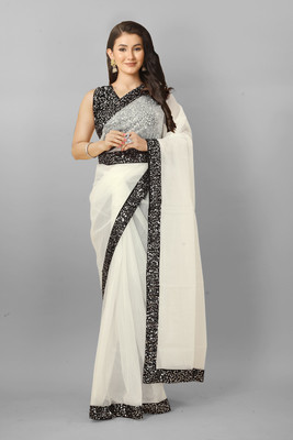 TIRTH CREATION Self Design Bollywood Net Saree(White)