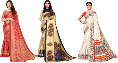Nirvaan Printed Bollywood Art Silk Saree(Pack of 3, Red, Gold, Cream)
