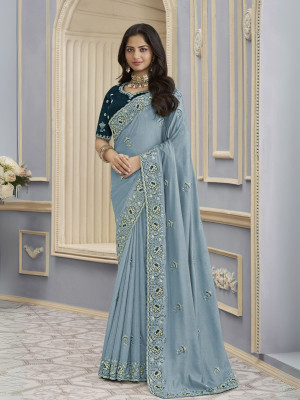 odette Embroidered Saree with Attached Blouse Georgette Saree(Blue)