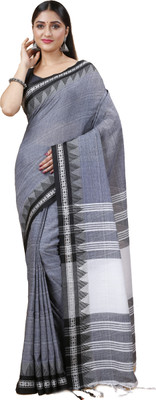 Ruuprekha Temple Border Handloom Cotton Blend Saree(Grey)