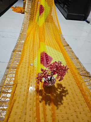 Neelkanth Ent Digital Print, Blocked Printed, Color Block, Hand Painted, Self Design Banarasi Chiffon Saree(Yellow)