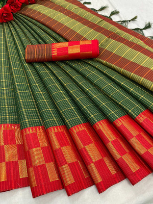 AVANTIKA FASHION Printed, Temple Border, Woven, Embellished Banarasi Art Silk, Cotton Silk Saree(Red, Green)