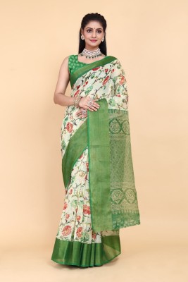 Khatupati Textile Floral Print Daily Wear Cotton Blend Saree(Green)