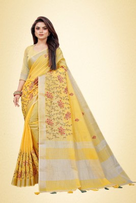 ALAGINI Embroidered Bollywood Cotton Linen Saree(Yellow)