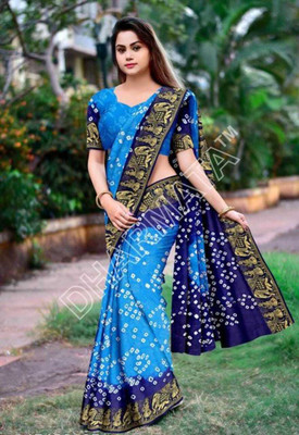 shreeji creation Printed Bandhani Art Silk Saree(Light Blue)