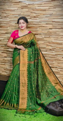 cloud vastra Woven Handloom Cotton Silk Saree(Green)