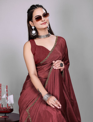 M MAANVIT Embellished, Embroidered, Solid/Plain Kanjivaram Jimmy choo, Chiffon Saree(Brown)