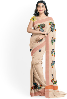 Vairavaa Tex Printed Kasavu Tissue Saree(Cream)