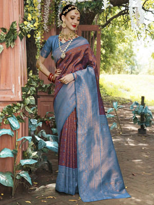 ANOUK Woven Kanjivaram Art Silk Saree(Dark Blue)