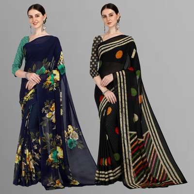 Anand Sarees Floral Print Daily Wear Georgette Saree(Pack of 2, Dark Blue, Black)