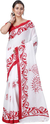DPTEXTILE Hand Painted Bollywood Pure Cotton Saree(White)