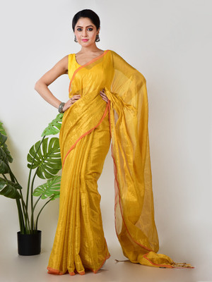 AAKAR Solid/Plain Handloom Handloom Tissue Saree(Yellow)
