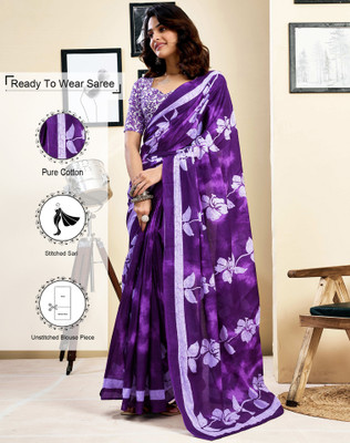 Tasrika Floral Print, Geometric Print, Printed Daily Wear Pure Cotton Saree(Purple, White)