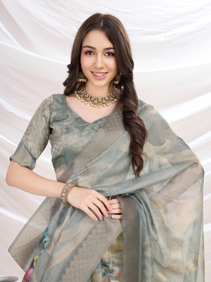 MANTROTSAV Digital Print Bollywood Cotton Blend Saree(Grey)