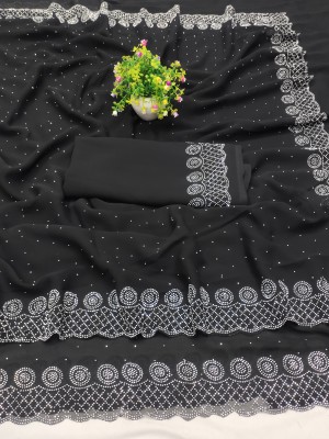 arlima Applique, Dyed, Embellished, Ombre, Paisley, Solid/Plain, Self Design, Striped, Temple Border Bollywood Georgette, Chiffon Saree(Black)