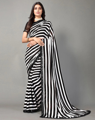 Maruti Creation Striped Bollywood Georgette Saree(White, Black)