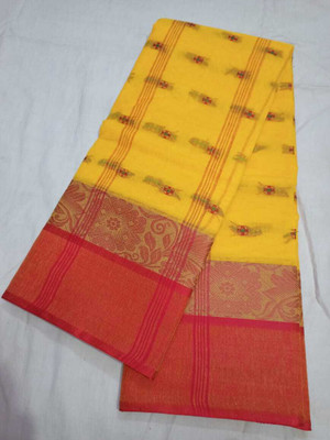 PUJA SHAREE CENTRE Printed Tant Cotton Blend Saree(Yellow)