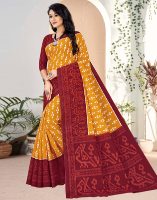 Divastri Geometric Print, Printed Ikkat Pure Cotton Saree(Mustard, Maroon)