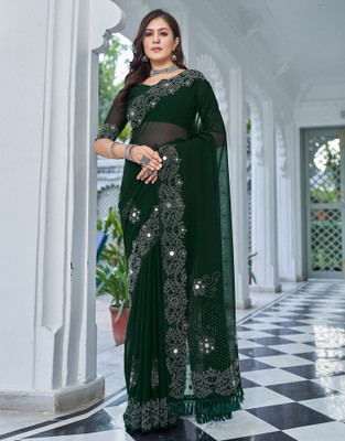 Samah Embellished, Self Design Bollywood Georgette Saree(Green)
