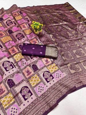 Bansari Textiles Self Design, Woven, Applique, Printed, Temple Border, Striped Paithani Jacquard, Cotton Blend Saree(Purple)