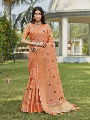 RekhaManiyar Embroidered Bollywood Linen Saree(Orange)