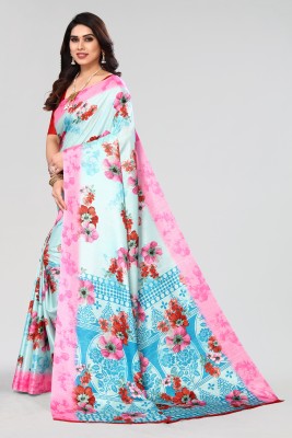 Vivostav Designer Floral Print, Printed Daily Wear Cotton Silk Saree(Light Blue)