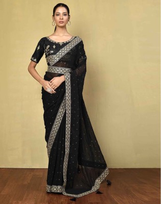Satrani Embroidered, Embellished Bollywood Georgette Saree(Black, Gold)