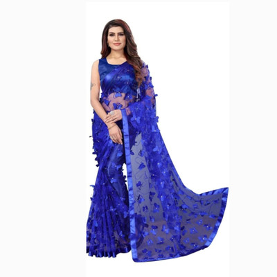 M KRISHNA CREATION Embroidered Bollywood Net Saree(Blue)