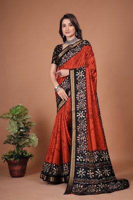 Tasrika Floral Print Banarasi Cotton Silk Saree(Red)