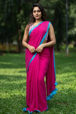 PARTHA BISWAS Solid/Plain Handloom Cotton Blend Saree(Multicolor)