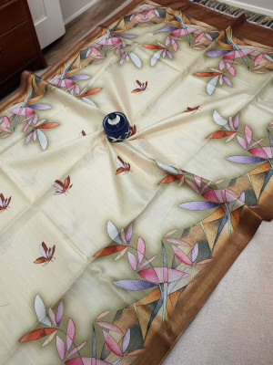 WILLMAKE Printed, Applique, Embellished, Floral Print, Woven Bollywood Cotton Linen Saree(Cream)