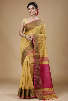 S G SAREES Woven, Striped Bhagalpuri Handloom Cotton Silk Saree(Gold, Pink)