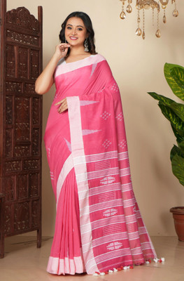 crochetin Printed Handloom Handloom Pure Cotton Saree(Pink, White)