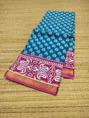 Sayak Creation Floral Print Chanderi Cotton Blend Saree(Blue)