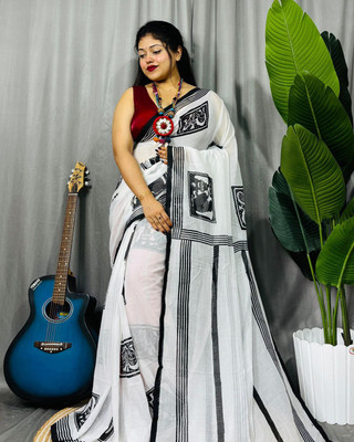 JONAKI Blocked Printed Handloom Khadi, Mulmul Saree(White)