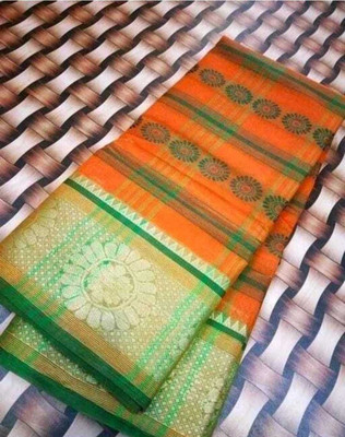 Anita Striped, Floral Print, Woven Tant Pure Cotton Saree(Orange)