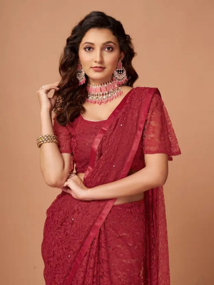 Vraggi Solid/Plain, Self Design Bollywood Net Saree(Maroon)