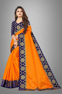 ONTIC LIFESTYLE Self Design Assam Silk Art Silk Saree(Orange, Blue)