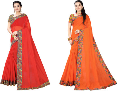 manish Solid/Plain Chanderi Cotton Blend Saree(Pack of 2, Red, Orange)
