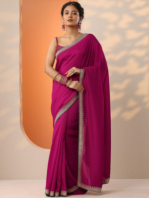LIBAS Solid/Plain Daily Wear Silk Blend Saree(Pink)
