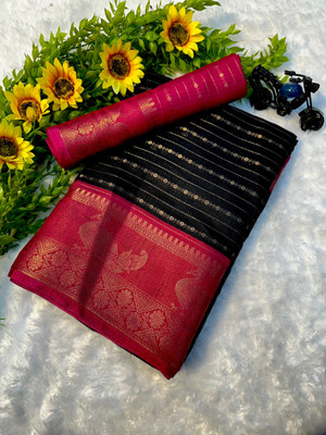 Anuradha Striped Mysore Silk Blend Saree(Black)