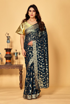 Prutha Fashions Printed Bollywood Georgette Saree(Dark Blue)