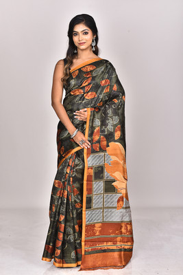 Ramshyam Collection Printed Daily Wear Pure Silk Saree(Dark Green)