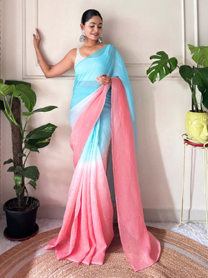 Tasrika Solid/Plain Pre Draped Saree Chiffon Saree(Light Blue)