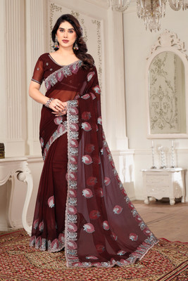 SHUBHDRASHTI NX Embroidered Bollywood Silk Blend Saree(Maroon)
