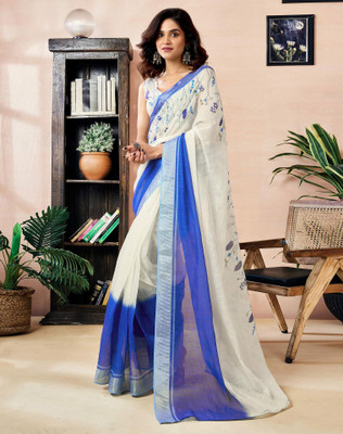 Tasrika Striped Daily Wear Chanderi, Cotton Linen Saree(White, Blue)
