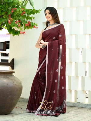 HouseOfCommon Self Design Handloom Cotton Linen Saree(Maroon)