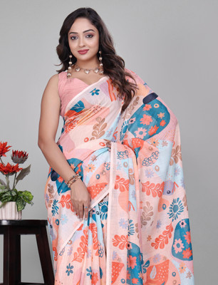 HangerStories Printed Kanjivaram Pure Cotton, Cotton Linen Saree(Pink)